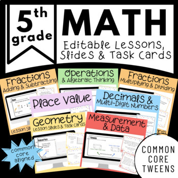 Preview of 5th Grade Math Bundle | Full Year of Lesson Slides and Task Cards