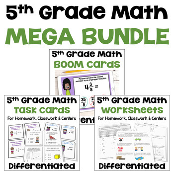 Preview of 5th Grade Math Bundle of Worksheets, Task Cards, and BOOM Cards - Differentiated