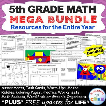 5th Grade Math COMMON CORE BUNDLE Assessments, Warm-Ups, Task Cards, Worksheets