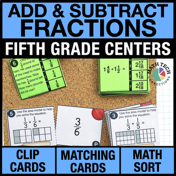 Preview of 5th Grade Math Centers Review Add & Subtract Fractions Task Cards, Games