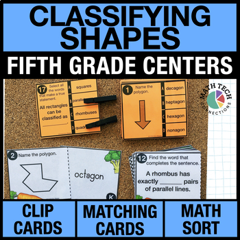 Preview of 5th Grade Math Centers Review Classifying Shapes Task Cards, Games, Test Prep