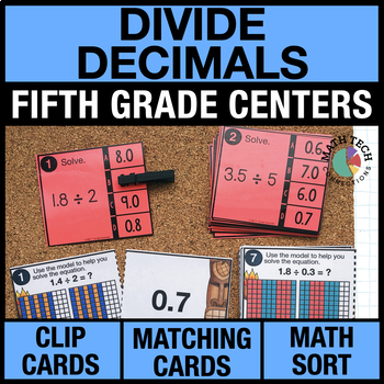 Preview of 5th Grade Math Centers Divide Decimals Review Task Cards, Math Games Test Prep