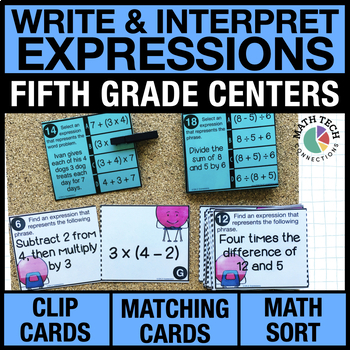 Preview of 5th Grade Math Centers Review Write & Interpret Expressions Math Task Cards