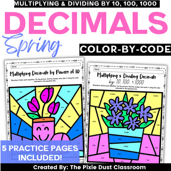 Preview of 5th Grade Math Coloring Sheets Spring Decimal Review Color by Code Powers of Ten