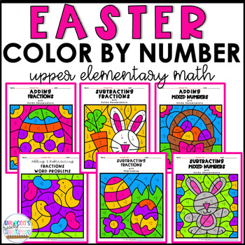 Preview of Easter Math 5th Grade Adding and Subtracting Fractions Color by Number Bundle