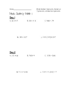 5Th Grade Math Fluency Weekly Practice: Whole Numbers, Decimals, Expressions