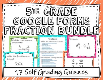 Preview of 5th Grade Math -Fractions (17 Self Grading Quizzes To Be Used With Google Forms)