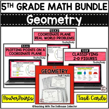 Preview of 5th Grade Math Geometry PowerPoint Lessons & Task Cards 2-D Shapes, Coordinates
