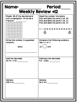 Preview of 5th Grade Math Homework| 5th Grade Math Review HW| Weekly Skill Check| NGLS