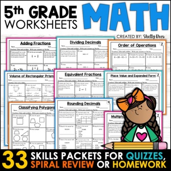 Preview of 5th Grade Math Homework Spiral Review Math Worksheets Packet Test Prep Practice