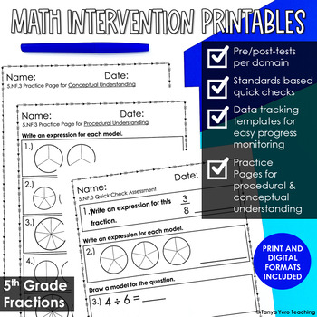 Preview of 5th Grade Math Intervention Pack Fractions Printables | RTI Progress Monitoring