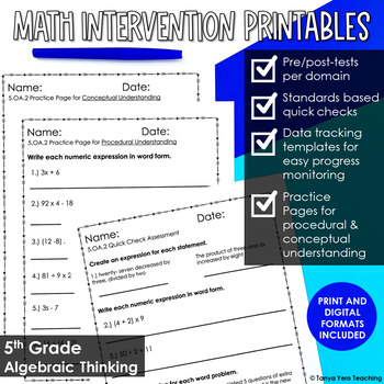 Preview of 5th Grade Math Intervention Algebraic Thinking | RTI Progress Monitoring