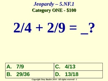5th Grade Math Jeopardy Game - 5 NF.1 Add & Subtract Fractions 5.NF.1