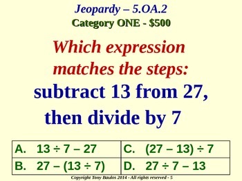 5th Grade Math Jeopardy Game - 5 OA.2 Write Simple Expressions 5.OA.2