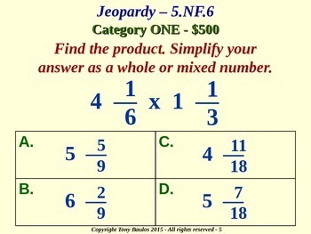 5th grade math jeopardy game 5nf6 multiplication of fractions mixed