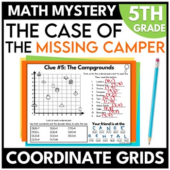 Preview of Camping 5th Grade Math Mystery Coordinate Plane Graphing Worksheets Escape Room