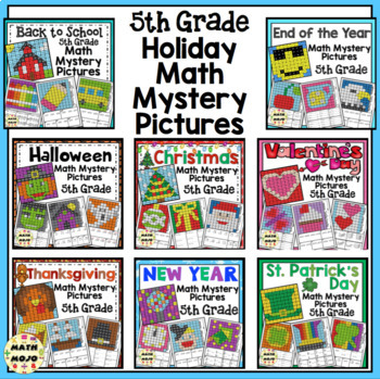 Preview of 5th Grade Math Mystery Pictures: Holiday Mystery Picture Mega Bundle