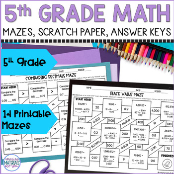 Preview of 5th Grade Math Printable Mazes Place Value Decimals Fractions Geometry