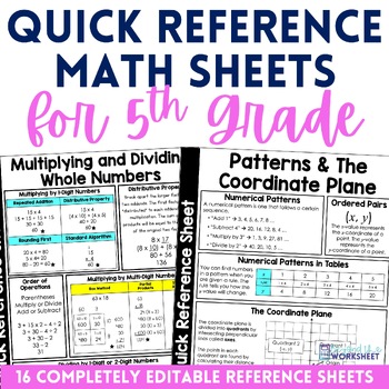 Preview of 5th Grade Math Quick Reference Sheets | Study Guides