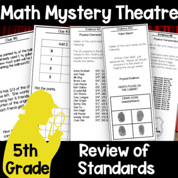 Preview of 5th Grade Math Review Mystery Theatre Game | 5.G.1-4, 5.OA.3, 5.NF.3-7, 5.MD.1-5