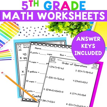 Preview of 5th Grade Math Review Worksheets Decimals Long Division Multiplication and More