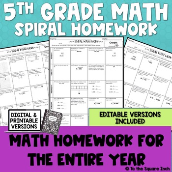 Preview of 5th Grade Math Homework | Spiral Format & Editable | Full Year | Digital Version