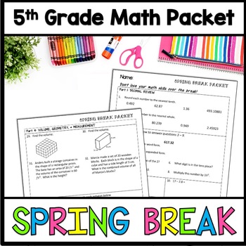 Preview of 5th Grade Math Spring Break Packet, Review Activities Homework Worksheets EOY