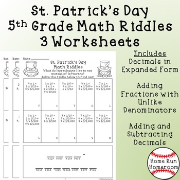 Preview of 5th Grade Math St. Patrick's Day Riddle Worksheets
