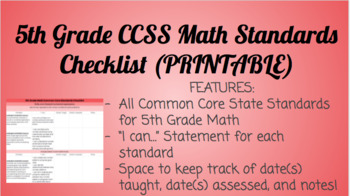 Preview of 5th Grade Math Standards Checklist- PRINTABLE
