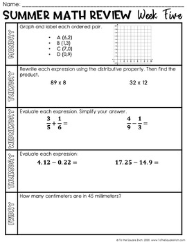 5th grade math summer packet by to the square inch kate