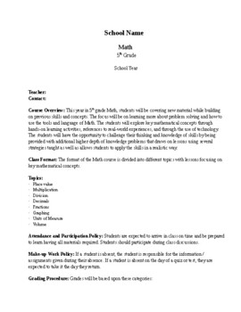 Preview of 5th Grade Math Syllabus (Editable)