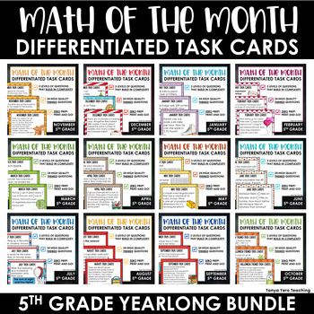 Preview of 5th Grade Math Task Cards Monthly Math Spiral Review Differentiated Bundle