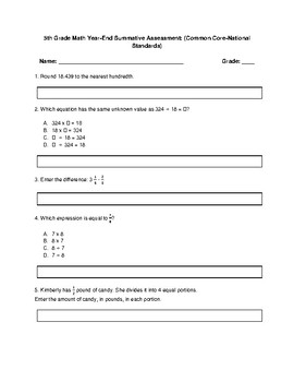 5th grade mathematics practice test
