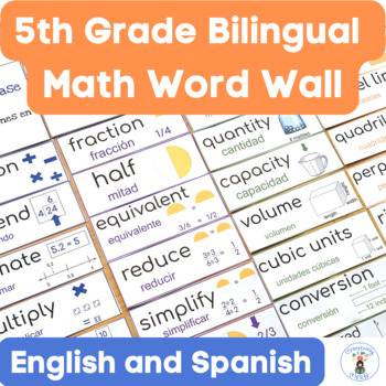 Preview of 5th Grade Math Word Wall Vocabulary Cards Bilingual English and Spanish