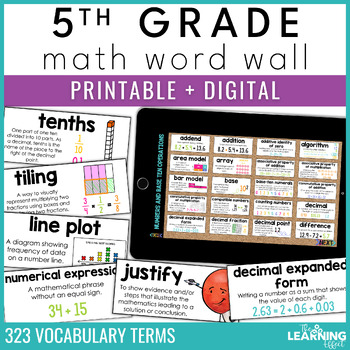 Preview of 5th Grade Math Word Wall | Printable Vocabulary Cards and Digital Google Slides
