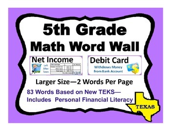 Preview of 5th Grade Math Word Wall for Texas TEKS--2 per page