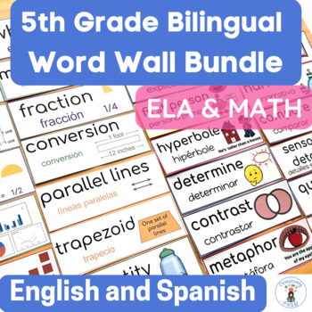 Preview of 5th Grade Math and ELA Word Wall Vocabulary Cards English & Spanish Bundle