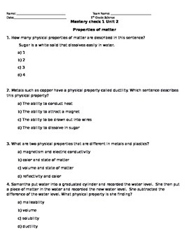 5th grade matter quiz 5 sp1 3 by audrey polites tpt