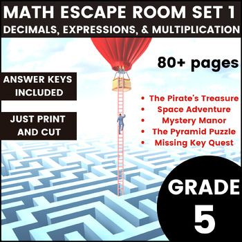 Preview of 5th Grade Mini Escape Room Math Games Math Bundle 1 Decimal, Multiply, Express