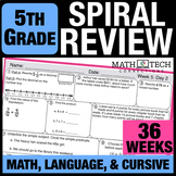 5th Grade Math Spiral Review Morning Work Homework, Language, & Cursive Practice
