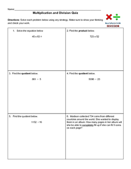 5th grade multiplication division bare number and word problem quiz