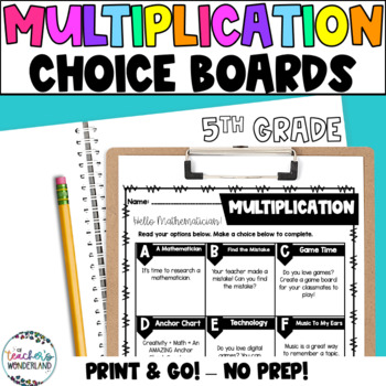 Preview of 5th Grade- Multiplication Math Menus - Choice Boards and Activities