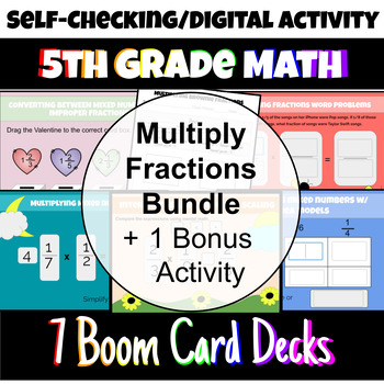 Preview of Multiply Fractions Boom Card Activity Bundle 5th, 6th, 7th Grade/5.NF.B.4-6