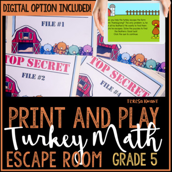 Preview of 5th Grade November Turkey Thanksgiving Math Escape Room Breakout Activity