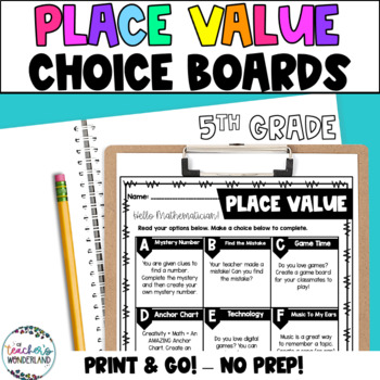 Preview of 5th Grade- Place Value Math Menus - Choice Boards and Activities 
