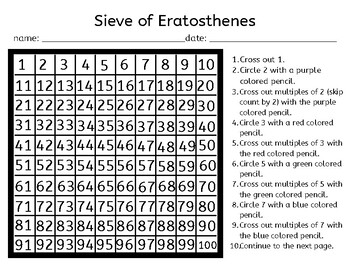 5th Grade Prime and Composite Numbers Sieve of Eratosthenes Worksheet