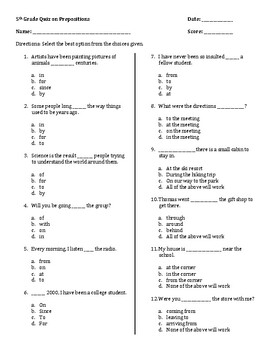 5th grade quiz on prepositions by mai d teachers pay teachers