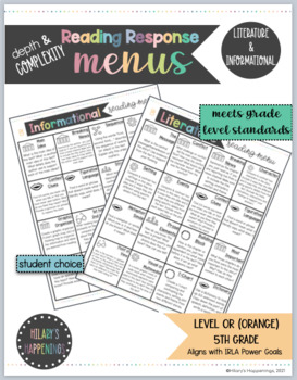 Preview of 5th Grade Reading Response Menus | DEPTH & COMPLEXITY | IRLA Power Goals