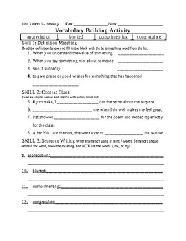 5th Grade Reading Wonders 2014 Weekly Vocabulary Practice Worksheets Unit 3