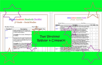 Preview of 5th Grade SOCIAL STUDIES Indiana Standards Student Checklist